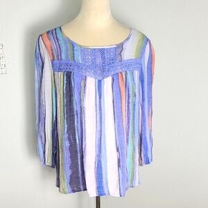 Zac & Rachel Multicolor Striped Bohemien Top with Blue Embroidery, Size Large